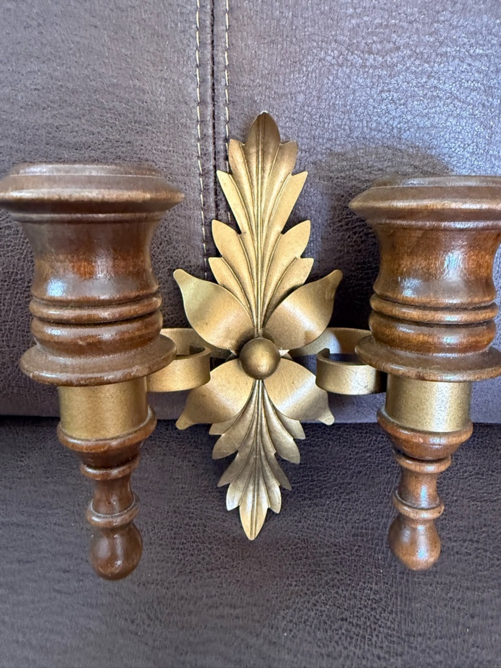 Vtg Wall Sconce Double Candle Holder Wood Metal Leaf Floral MCM Gold Scroll 7"